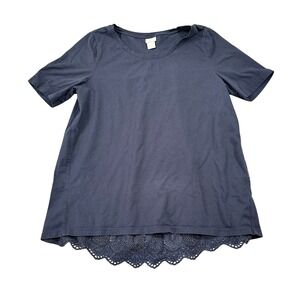 Chico's Navy Blue Embroidered Eyelet Lace Hem Mixed Media Short Sleeve Shirt
